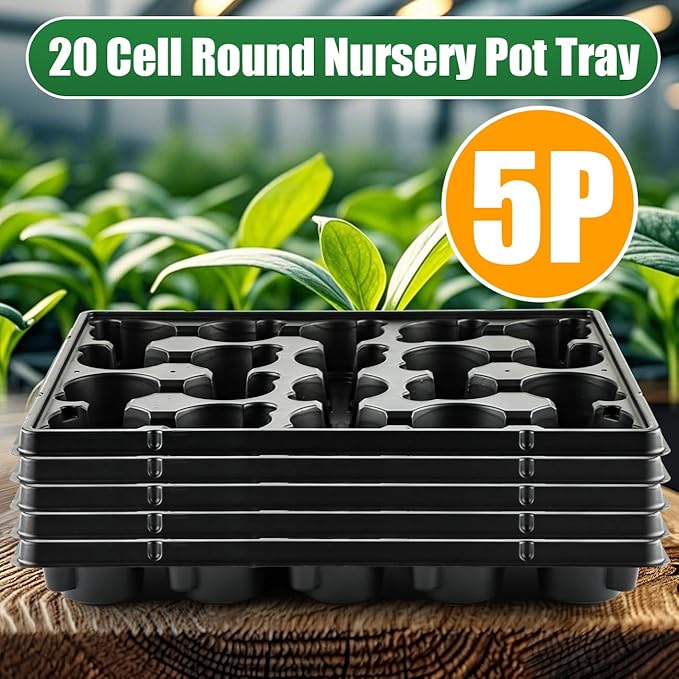 RooTrimmer 20 Cell Plant Trays for Carrying 3 inch Round Nursery Pots, Sturdy Plastic Trays Suitable for Holding 100 pcs Peat Pots ((5 Packs - Trays Only, Pots Not Included))