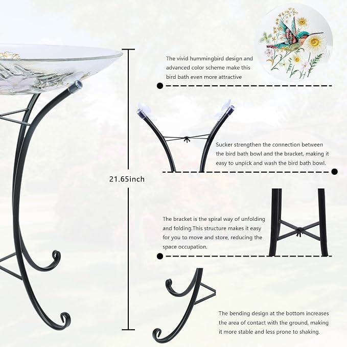 MUMTOP Bird Bath-Bird Baths for Outdoors - Hummingbird Glass Large Bird Bath Bowl with Metal Stand, Bird Feeders for Outside and Garden, Patio,Lawn Decor