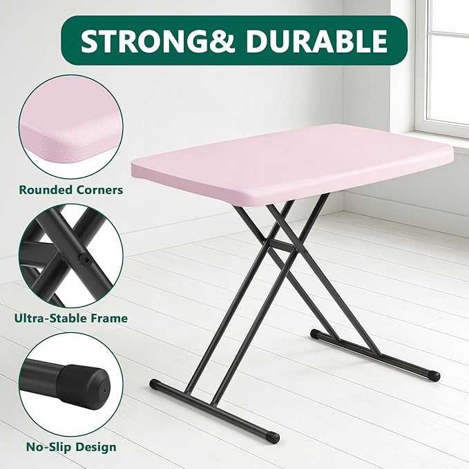 30 Inch Folding Table, Adjustable Height TV Tray for Small Spaces, Heavy Duty Foldable Utility Table for Laptop, Dining, Camping, No Assembly, 200 lbs Capacity, Pink Granite