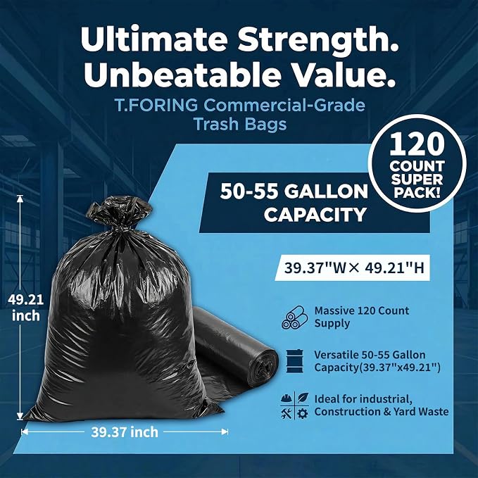 50-55 Gallon Trash Bags Unscented, 40'' x 50'', Black, 120 Count | Large 50+ Gal Garbage Liners,Fit 187 - 206 Liter Bins,Multipurpose for Construction Industrial Yard Outdoor Commercial Bulk