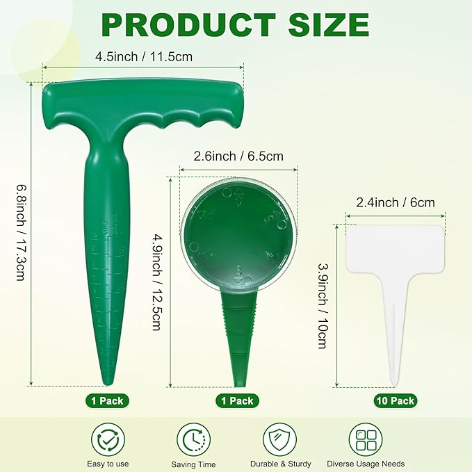 M METERXITY 1-Set Seed Planter Tool, Plastic Hand Dibber Garden Tool with Handle for Sowing Seeds/Transplanting/Planting Bulbs, Handheld Digging Hole Punch [Dark Green, with Plant Labels]