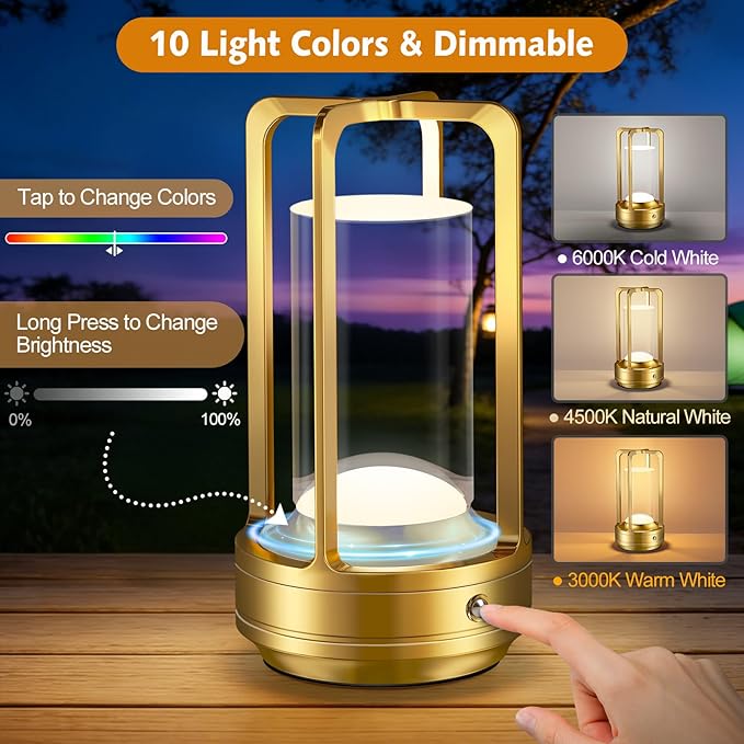 Portable Table Lamp for Outdoor Indoor: Cordless Rechargeable Desk Lamp with 10 Colors - Shower Lamp with Stepless Dimmable - Metal Battery Operated Lantern Light for Bedroom/Bar/Coffee Shop/Camping