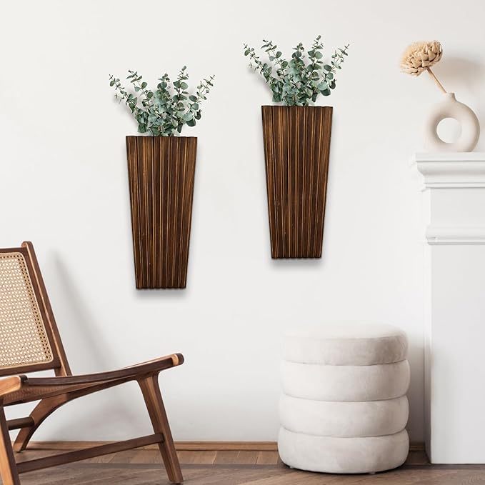 2PCS Wood Wall Planter for Indoor Plants, Wooden Hanging Planter for Dried Flowers and Artificial Greenery Plants, Modern Farmhouse Wood Wall Decor for Living Room,Bedroom,Bathroom(Dark Brown)