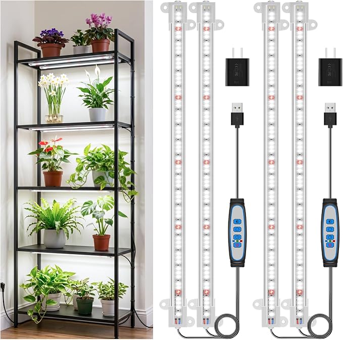 Wiaxulay LED Grow Light Strips, 6000K Full Spectrum Sunlike Growing Lamp with 6/12/16H Timer, 5 Dimmable Levels for Hydroponics, Succulent, Plant Shelf, 2 Pack