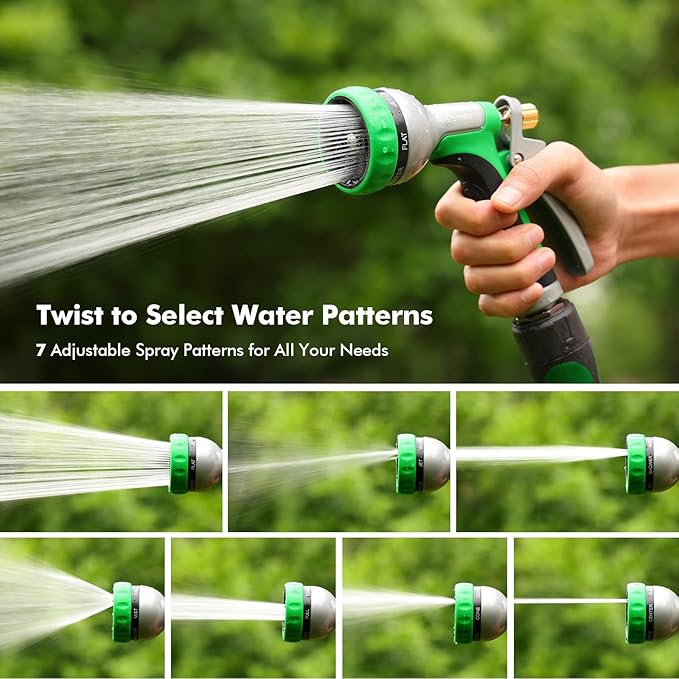 RESTMO Heavy Duty Metal Garden Hose Nozzle, Water Hose Nozzle with 7 Adjustable Spray Patterns, High Pressure Hose Sprayer with with Flow Control, for Plants & Lawns, Washing Cars & Pets, Green
