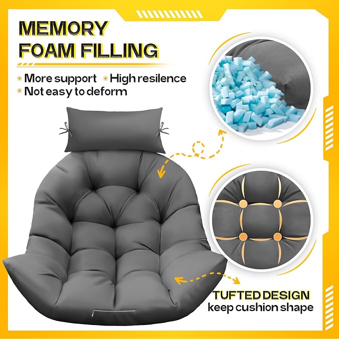 MAGIC ELEPHANT Egg Chair Cushion, Memory Foam Hanging Egg Chair Cushion Replacement, Indoor Outdoor Hammock Basket Swing Cushion with Headrest (Grey)