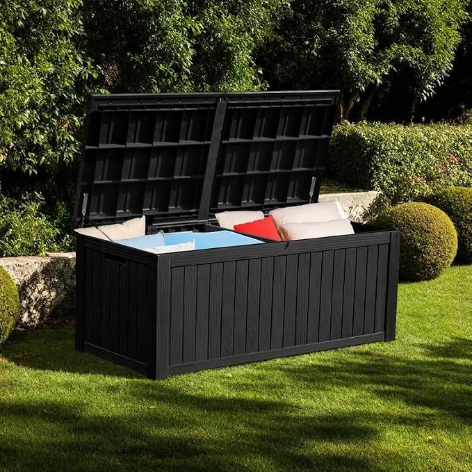 YITAHOME 180 Gallon Large Deck Box w/Divider, XL Waterproof Outdoor Storage for Patio Furniture,Outdoor Cushions, Garden Tools, Sports Equipment and Pool Supplies, Resin, Lockable, Black