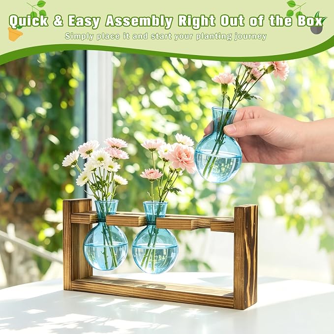 XXXFLOWER Glass Plant Terrarium Propagation Station, Gifts for Mom Plant Lovers Wife Daughter, 3 Bulb Glass Vase Plant Terrarium Tabletop for Hydroponics Home Office Indoor Decor (Blue)