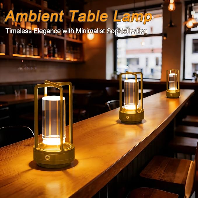 Cordless Table Lamp Rechargeable, Battery Operated Crystal Lamp, Stepless Dimming Touch Control, 3 Color LED Bedside Night Light for Bedroom, Dining Room, Outdoor Camping, Gold (2 Pack)