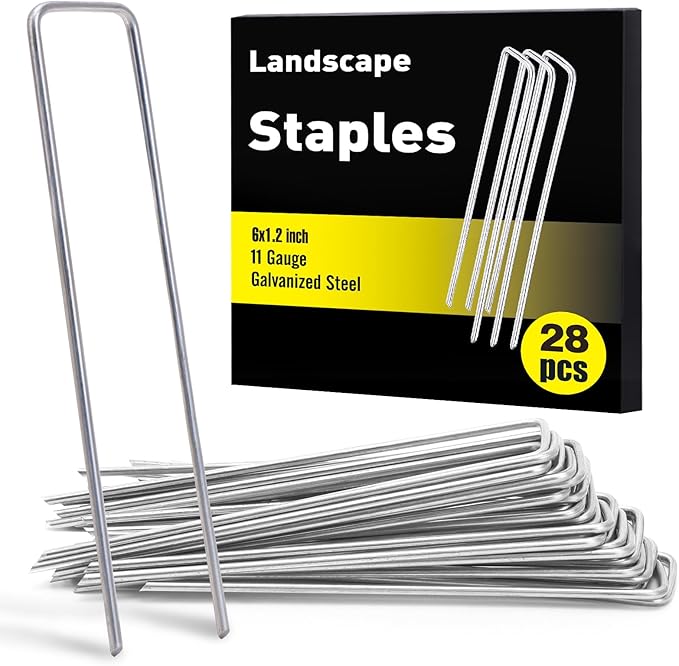 28 Pack 6 Inch Landscape Staples, Garden Staples U Shape Tent Stakes Heavy Duty Galvanized 11 Gauge SOD Pins Yard Stakes for Ground Decorations, Landscaping Fabric, Turf, Lawn