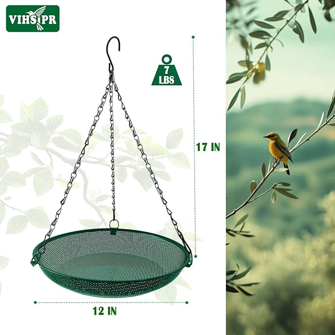 Hanging Platform Bird Feeder, 12 in, Green | Metal Mesh Seed Tray, For Wild Birds, Outdoor Use