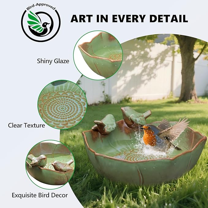 Ceramic Bird Bath for Outdoors, 10.1" Ground Ceramic Bird Baths Bowl for Outside, Garden Bird Baths Weather Resistant, Birdbath for Deck, Balcony, Lawn
