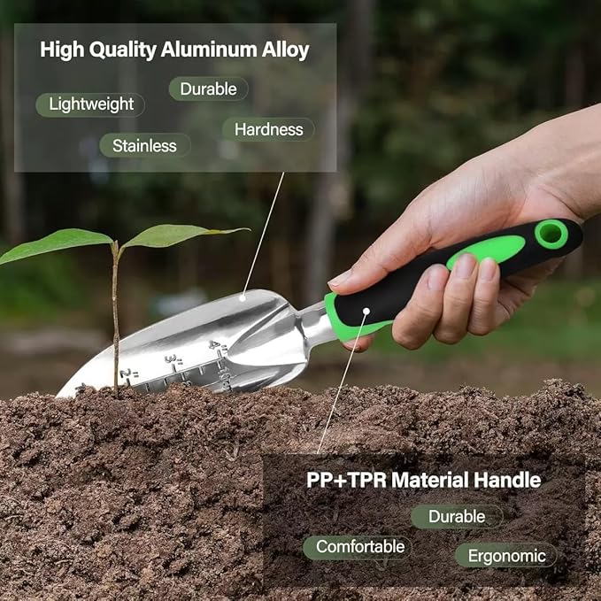 Stainless Steel Garden Tool Set，3 Pieces, Including Hand Shovel & Transplant Shovel & Hand Rake with Non-Slip Soft Ergonomic Handle (Green).