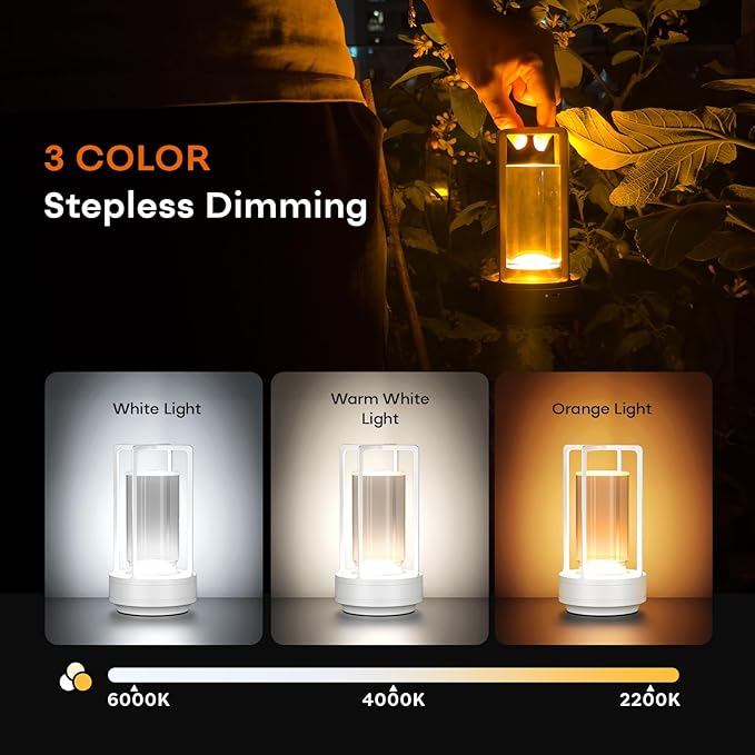 HAPYGI Portable Metal Table Lamp for Indoor/Outdoor,Rechargeable Cordless LED Lamp, 3-Colour Infinitely Dimming Battery Powered Small Desk Lamp, Restaurant/Bedroom/Bar/Coffee/Camping Light (White)