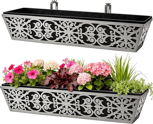 2 Pack 30 Inch Window Boxes Planter for Outdoor Plants Deck Railing Planters Box with Adjustable Brackets for Porch Fence Balcony Hanging Flower Baskets with Non-Woven Fabric Liner for Garden Décor