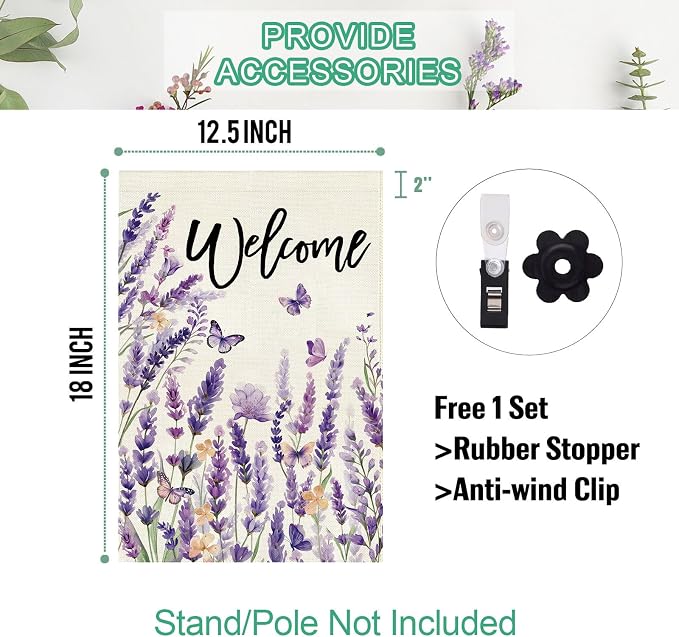 Baccessor Spring Lavender Welcome Garden Flag 12.5 x 18 Inch Double Sided Purple Floral Flower Butterfly Farmhouse Small Burlap Yard Flag Holiday Seasonal Outdoor Outside Decoration