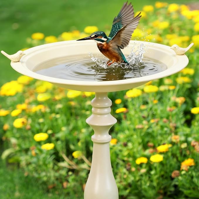 Newtay 27.25" Ornate Metal Pedestal Style Birdbath with Cast Iron Vintage Birds Baths for Outdoors on Rim Full Base Standing Bird Bath Tray for Garden Yard Decoration Not Easy to Rust (Beige)