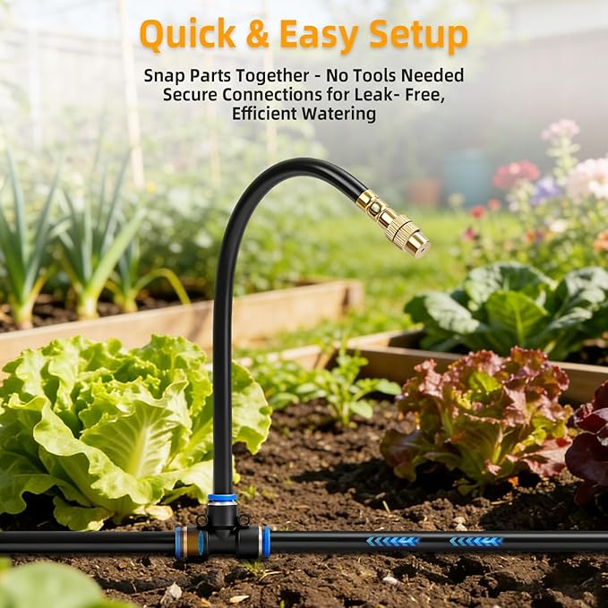 100FT 1/4" Drip Irrigation System, 2026 Upgrade Garden Irrigation Kit with 24pcs 360° Adjustable Copper Nozzles, DIY Watering System for Raised Beds, Yard, Lawn, Vegetable Gardens (100 ft)