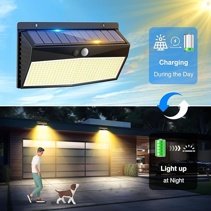 Peasur 368 LED Solar Motion Sensor Lights Outdoor, Fence Lights with 3 Lighting Modes, Solar Powered Security Light Waterproof for Outside Yard Wall Garden Backyard Step, Warm White
