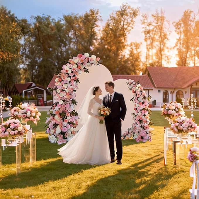SuuWoee Arch Backdrop Stand Set of 2 With Beige Cover (7.2FT+6FT),Gold Metal Wedding Arch Balloon Stand With Cover for Birthday Party Baby Shower Graduation Ceremony Decoration