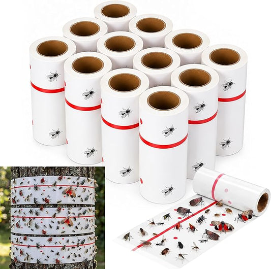 12 Rolls Spotted Lantern Fly Tree Trap 30 Feet Each Roll Lanternfly Tree Outdoor Fruit Fly Sticky Strips Paper Insect Sticky Barrier Trunk Wraps to Protect Plant, Lawn, Garden(White)