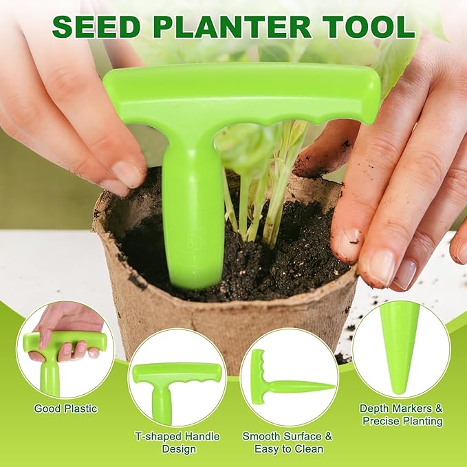 M METERXITY 1-Set Seed Planter Tool, Plastic Hand Dibber Garden Tool with Handle for Sowing Seeds/Transplanting/Planting Bulbs, Handheld Digging Hole Punch [Light Green, with Plant Labels]