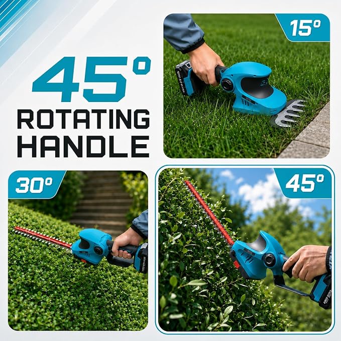 Seesii 20V Cordless 2-in-1 Hedge Trimmer: 12" Shrub Trimmer & 6" Grass Shears, Dual-Action SK5 Blades, 2 x 2.0Ah Batteries, Rotating Handle, 1/2" Cut Capacity for Small Yards, Bushes and Lawn Edges