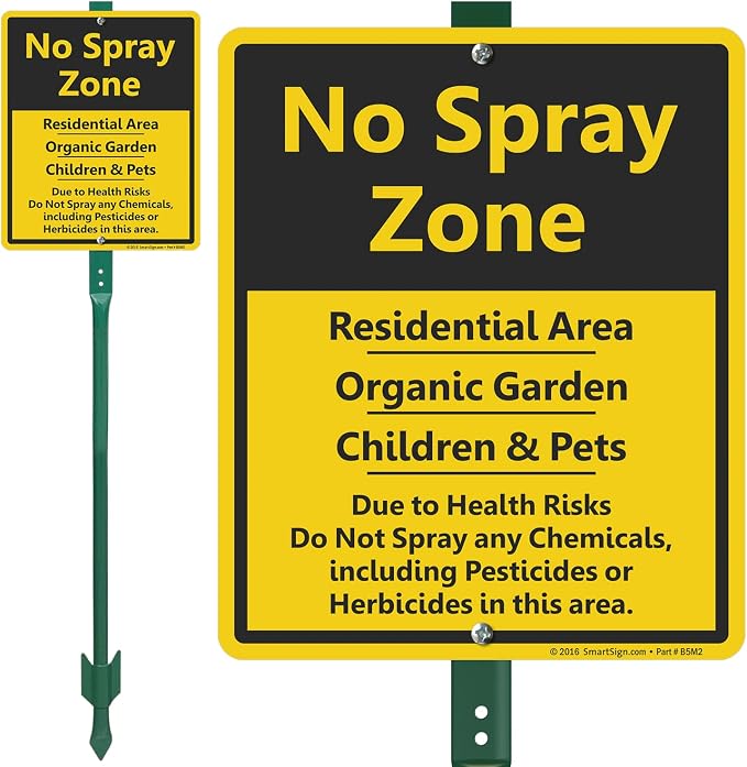 SmartSign 12" x 10" 'No Spray Zone Residential Area, Organic Garden, Children And Pets' LawnBoss Yard Sign with 3 ft Stake, 40 mil Laminated Aluminum, Black/Yellow, Set of 1