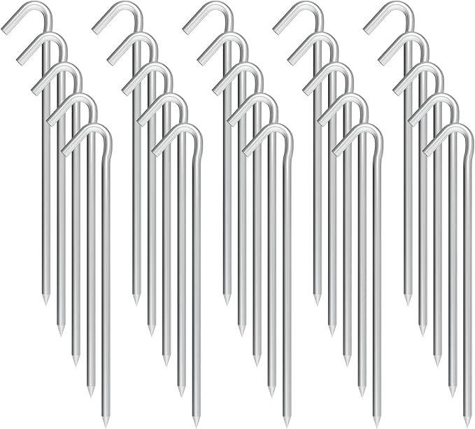 Metal Tent Stakes Heavy Duty 9 Inch, 25 Pack Anti-Rust Galvanized Steel Camping Tarp Stakes, Ground Stakes Tent Pegs Yard Stakes Canopy Spikes for Inflatables, Outdoor Decorations
