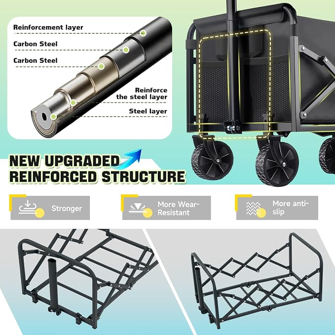 Collapsible Wagon Cart with Wheels Foldable - Lightweight 280LBS Heavy Duty Folding Utility Portable Beach Wagon with All-Terrain Wheels for Groceries Shopping Garden Sports Camping