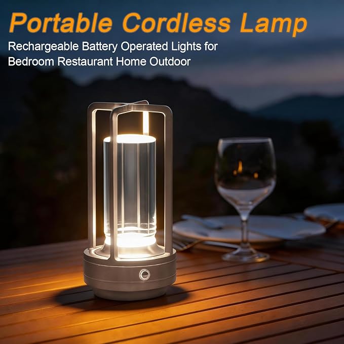 Rechargeable Table Lamp Cordless, 3 Color | Crystal | Stepless Dimming, for Bedroom, Cafe, Camping, Dining Table, Home Decor, 2 Pack (Silver)