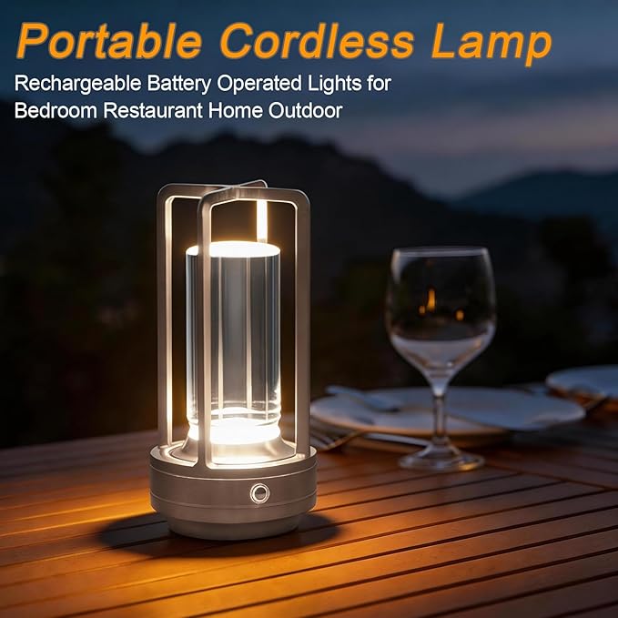 Rechargeable Table Lamp Cordless, Portable Metal Table Lamp 3 Color | Crystal | Stepless Dimming, for Bedroom, Cafe, Camping, Bar, Dining Table, Restaurant