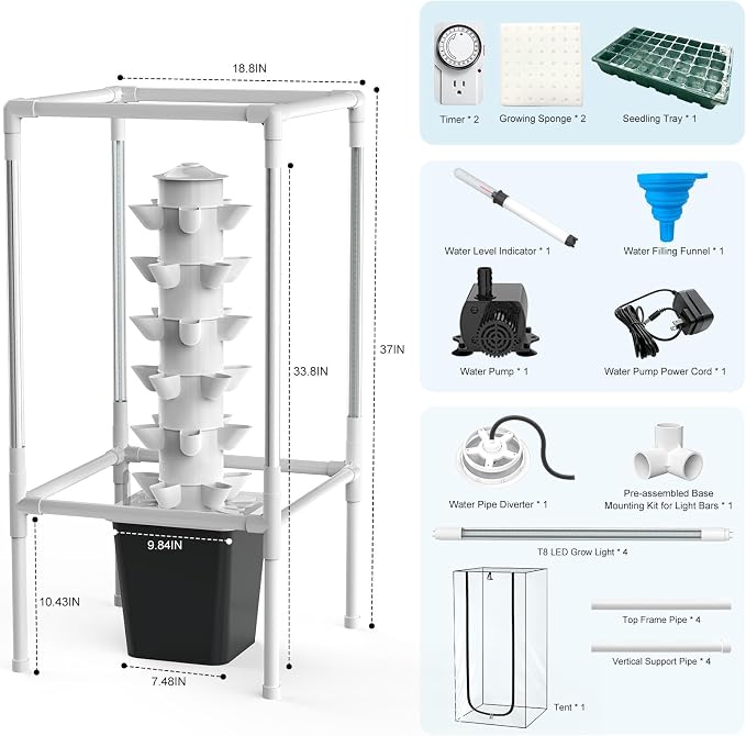 JESLED Hydroponic Tower with 5000K Full-Spectrum Grow Lights, 30 Pods Vertical 6 Tiers Hydroponic Tower, Auto Watering & Lighting for Indoor Herbs, Fruits and Vegetables, High 37"