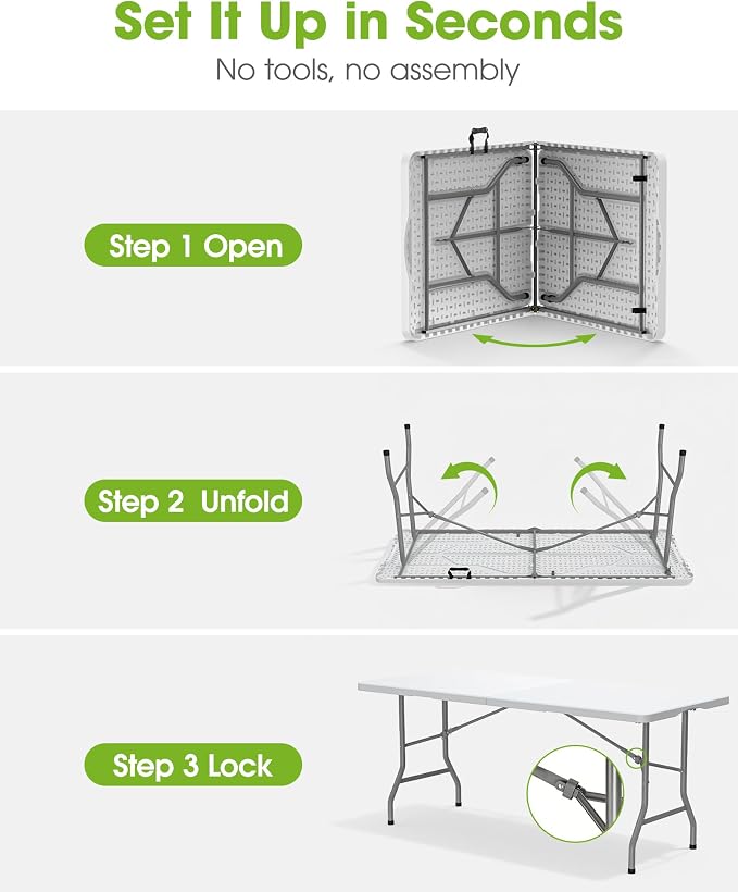 Pureegg 6FT Folding Table - No Assembly Required, Versatile Dining Table with Carrying Handle & Tabletop Safety Lock, Portable Foldable Table for Party, Craft, Camping, Picnic, White