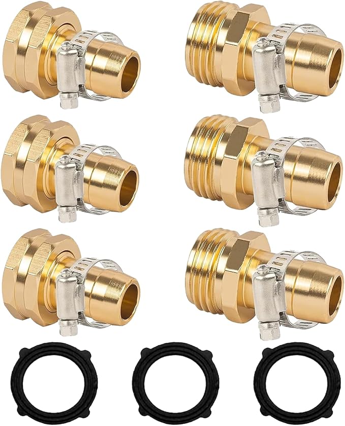 LIULO TOOL Garden Hose Repair Connector with Clamps, Fit for 3/4" or 5/8" Aluminum Garden Hose Fitting, Male and Female Hose Fittings, 3 Sets