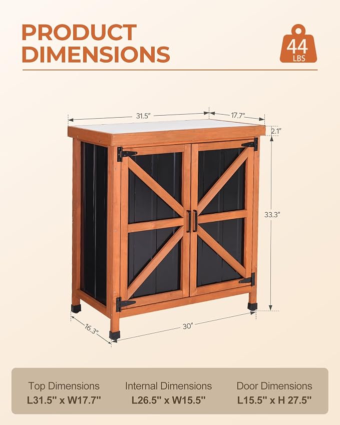 Black Metal Outdoor Storage Cabinet with X-Design Doors & Wood Frame, Metal Top Potting Bench Weatherproof for Patio, Garden & Backyard, 31.5"x 17.7"x 35.4"Tool Outdoor Shed