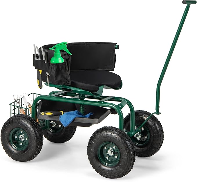 Goplus Rolling Garden Seat with Wheels, Outdoor Garden Cart with 360° Swivel Seat & Tool Storage, 2 Steering Handles, Gardening Stool Wagon Scooter, Lawn, Patio Gardening Workseat for Seniors
