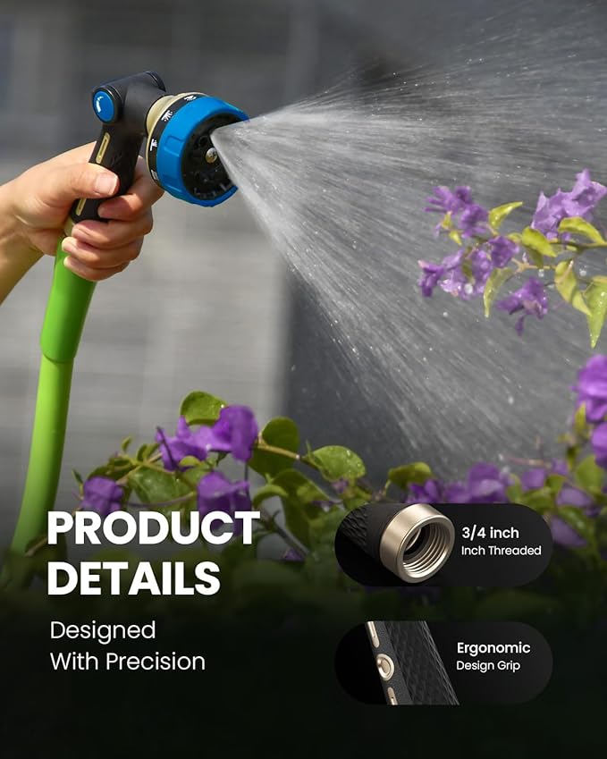 RAINPOINT Garden Hose Nozzle Heavy Duty - 100% Metal Thumb Control Spray Nozzles for Garden Hose High Pressure, 10 Patterns Water Hose Nozzle for Car Wash, Watering Lawn and Pets, Blue
