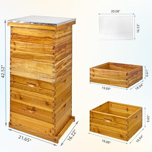 5-Layer Langstroth Bee Hive Kit, 100% Beeswax Coated Wood Beehive Includes 2 Deep Breeding Boxes and 3 Medium Super Boxes, 10-Frame Standard Bee House with Metal Top Cover, No Frames