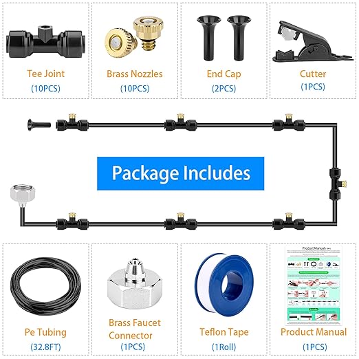 Misting Cooling System 32.8ft(10M) Misting Line + 10 Brass Mist Nozzles + a Faucet Connector (3/4") Fan Misting Kit Outdoor Mister for Patio Garden Greenhouse Trampoline for waterpark