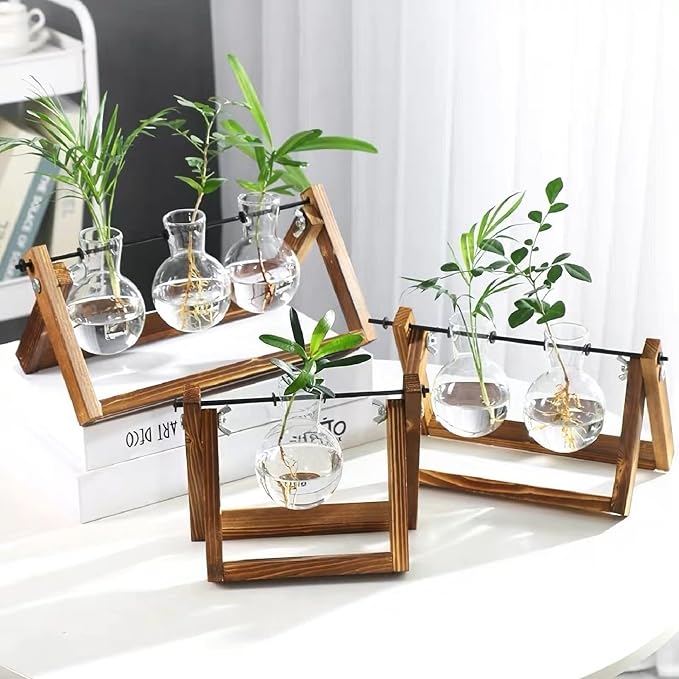 Kingbuy Plant Propagation Station Bulb Vase, 1 Bulb Vase | Air Plant Terrarium, Wooden Swivel Holder, Desktop Glass Planter, For Indoor Water Plants
