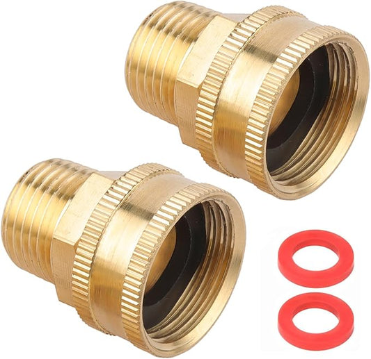 2 Pack Garden Hose Adapter,1/2" NPT to 3/4" GHT Connector with Dual Swivel, Brass Garden Hose Convert Adapter Fitting, Garden Hose Thread 3/4” Female to 1/2" Male Pipe Thread, with Extra 2 Washers