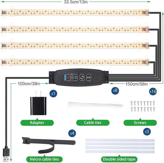 RWNTAO LED Plant Growing Lamp Strips, Full Spectrum 3500K Grow Light for Indoor Plants with 3/9/12H Timer and 10 Dimmable Levels for Green House Hydroponics Succulent, 4 Head 13 Inches