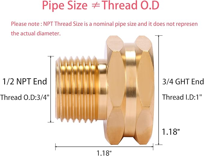 2 Pack Brass Garden Hose Adapter, 3/4" GHT Female x 1/2" NPT Male Connector,GHT to NPT Adapter Brass Fitting,Brass Garden Hose to Pipe Fittings Connect