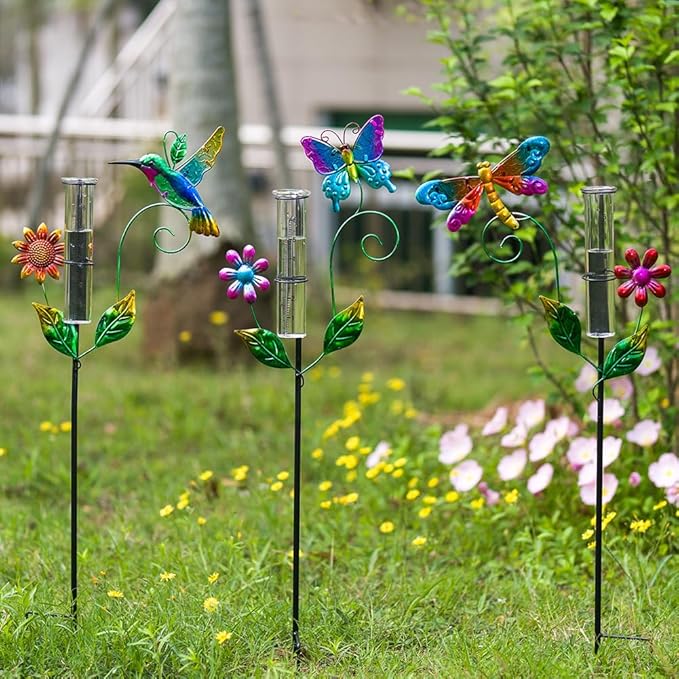 Rain Gauge Outdoor, 3 Pcs Hummingbird & Dragonfly & Butterfly Rain Gauges with 6" Plastic Tube, Metal Decorative Garden Stakes for Yard Patio Lawn Decor