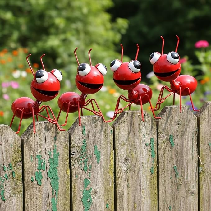Cruis Cuka Metal Yard Art Garden Decorative Cute Ant Outdoor Wall Sculptures - Set of 4 Red