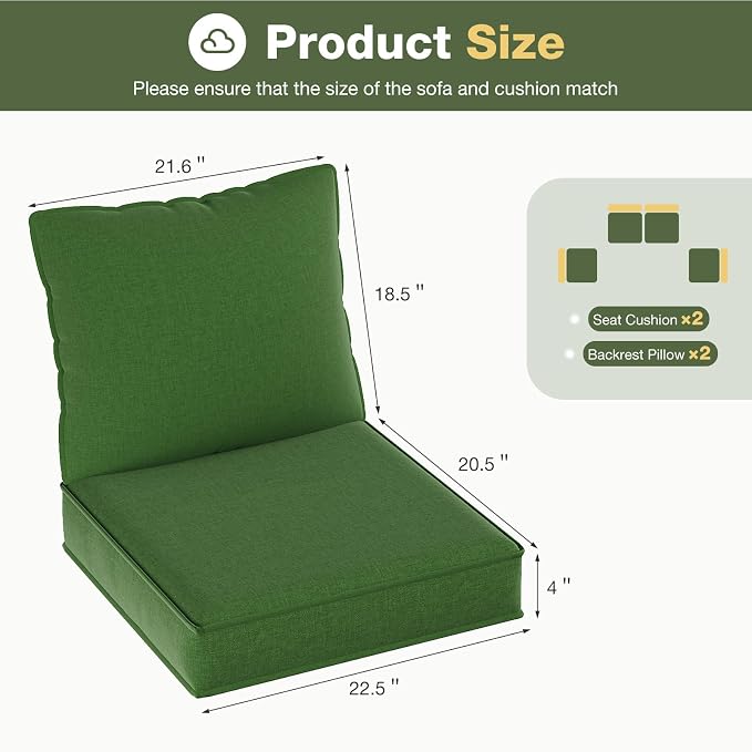 Aoxun Replacement Cushions for Outdoor Furniture, 4-Piece Outdoor Cushions for Patio Furniture, Deep Seat, Waterproof & Fade Resistant Couch Cushion for 4-Seat Patio Conversation Sets, Dark Green