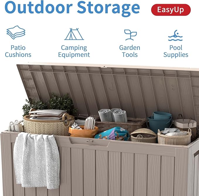 EasyUp 85 Gallon Outdoor Storage Box, Grey | Reinforced Stability, Waterproof & UV-Resistant, Resin Storage Box, Extra Seating, For Patio, Garden & Poolside