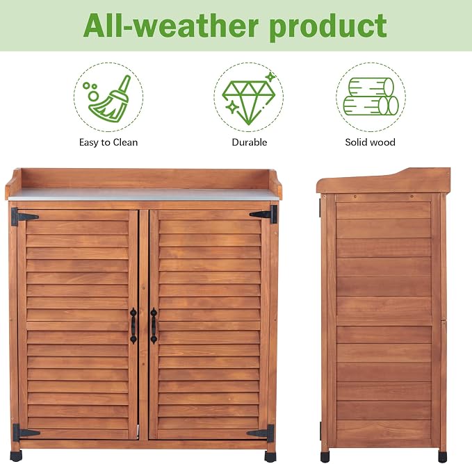Outdoor Storage Cabinet & Potting Bench Table with Metal Work Top, Vented Louvered Doors, Wooden Patio Furniture, Garden Workstation, Latte, 36x31x17in