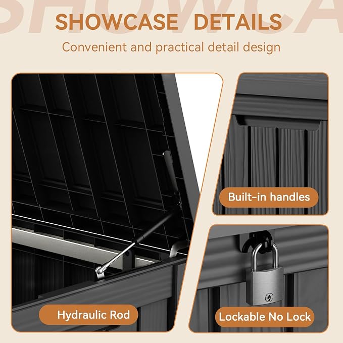 190 Gallon Large Outdoor Storage Box Waterproof, UV Resistant Resin Deck Box with Hydraulic Rod & Lockable Latch for Patio Furniture, Outside Storage Box for Garden Tools, Patio Cushions, Black